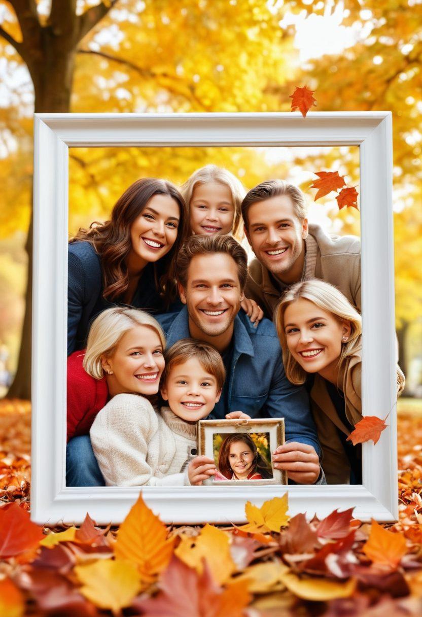 A professional photographer capturing a family moment in a sunny park, surrounded by vibrant autumn leaves; incorporate diverse people sharing laughter and joy, with sparkling photo frames floating around them showcasing different memories; emphasize the beauty of natural light, warmth, and emotion. super-realistic. vibrant colors. white background.