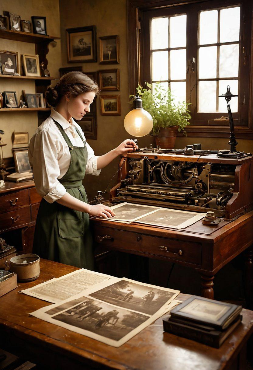 A nostalgic scene showcasing a variety of high-resolution photographs being carefully restored by an expert at a vintage workstation. The background features warm, soft lighting, emphasizing the intricate details of the restoration process. Scattered around are before-and-after images, antique photo tools, and a hint of nature through a window. The atmosphere conveys a blend of artistry and technology, inviting viewers into the world of photo preservation. super-realistic. warm colors. vintage aesthetic.