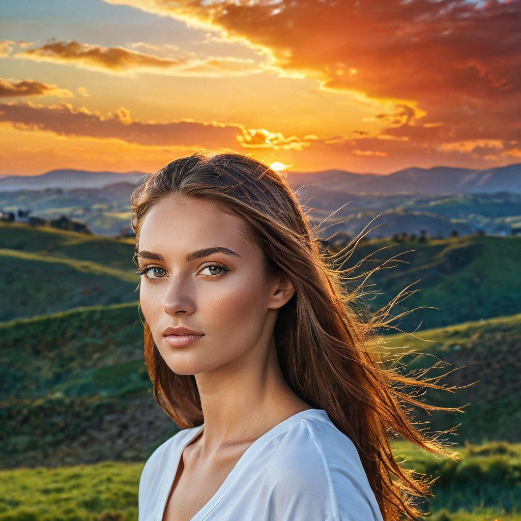 A split-image composition showcasing a stunning portrait on one side, highlighting a diverse model with expressive features and rich colors. On the other side, a breathtaking landscape featuring rolling hills, a vibrant sunset, and a clear blue sky. The seamless blend between the two halves illustrates the versatility of photography. Overlaid text subtly connects the two styles. super-realistic. vibrant colors. 3D.